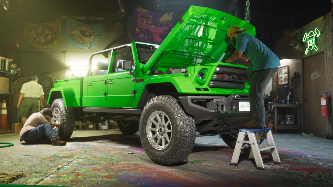 GTA6 アルティメット・エディション特典 ワンアイド・ウィリーのガレージ内で整備されるグリーンのCanis車両