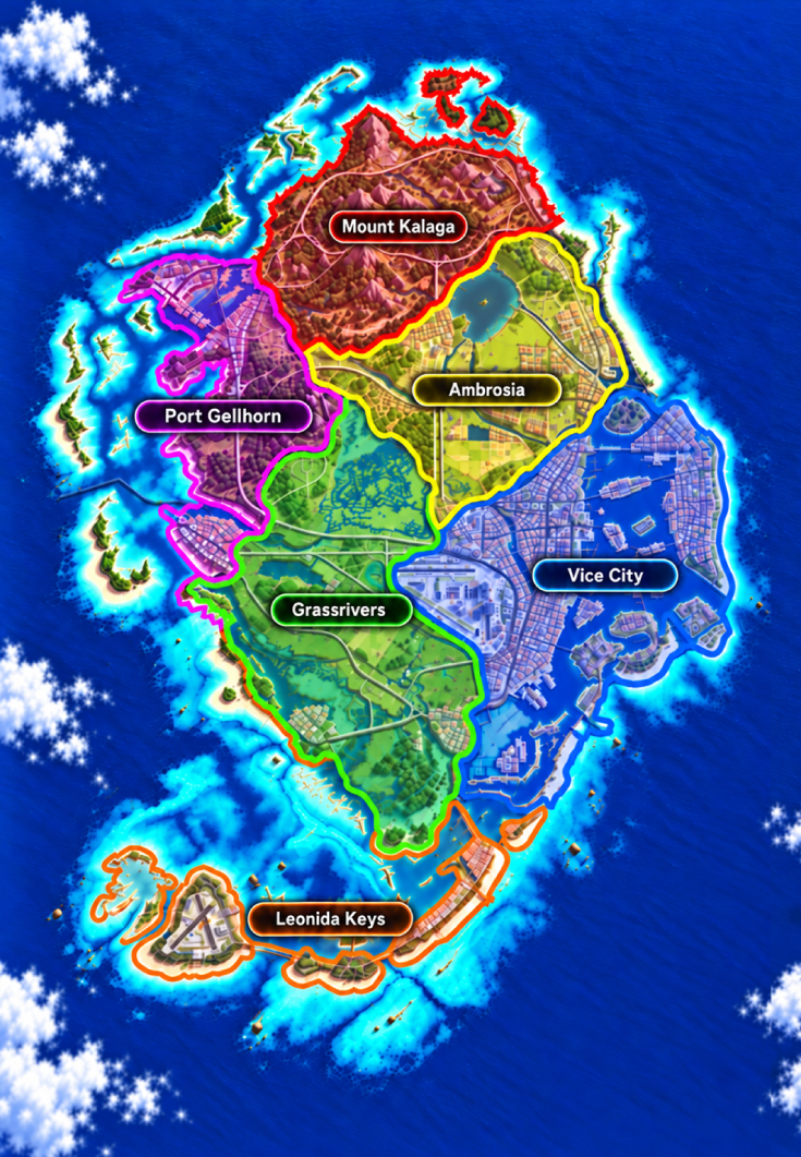 Predicted map showing Mount Kalaga National Park, Port Gellhorn, Ambrosia, Grassrivers, Vice City, and the Leonida Keys in different colors. Terrain and boundaries are unconfirmed.