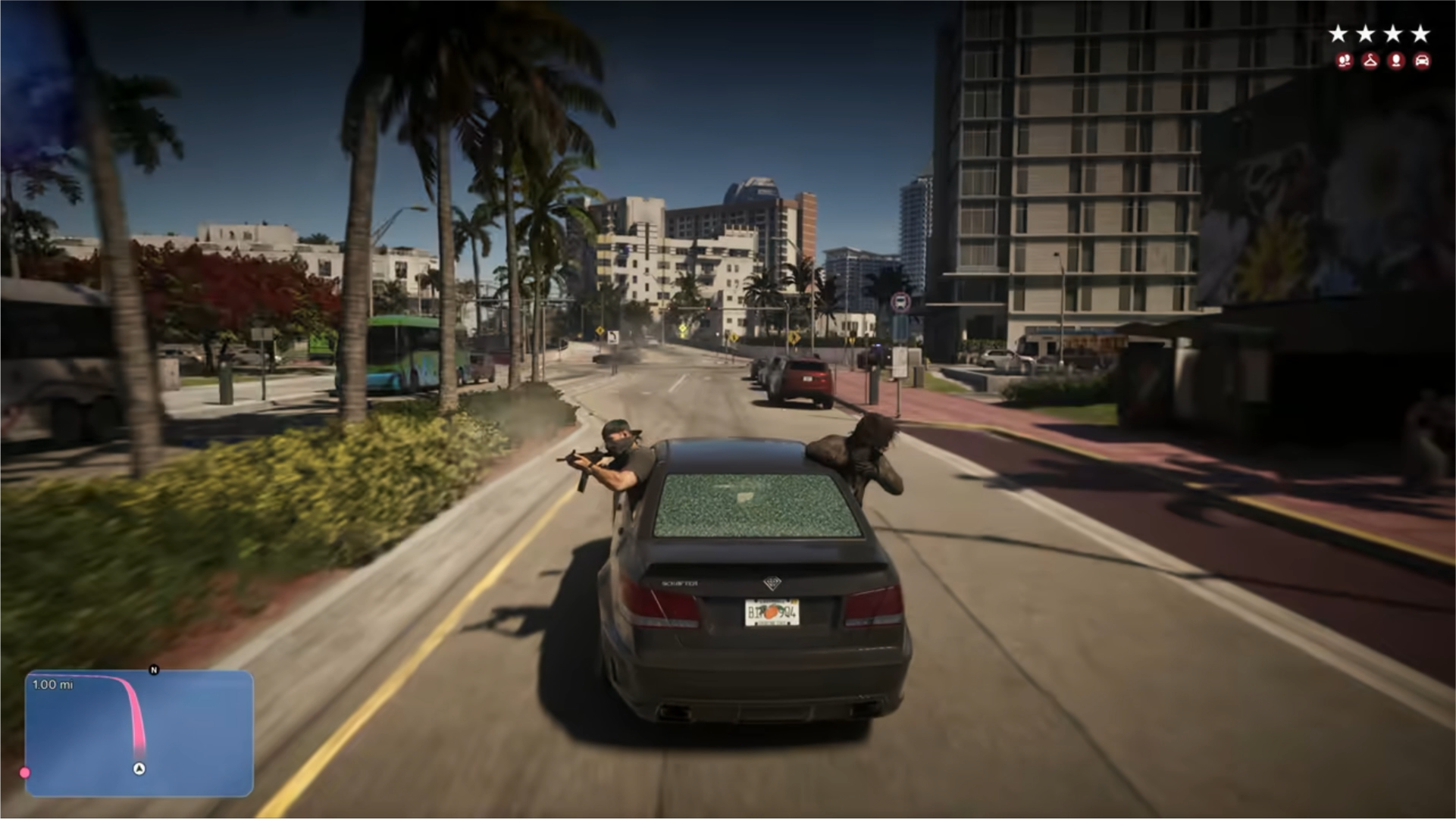 車で逃走するGTA6の画面。右上に白い星4つが表示されている